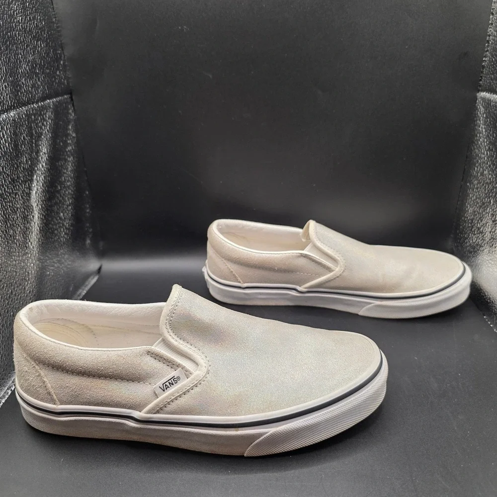 Vans Classic Slip-On Silver Iridescent Glitter Suede Sneakers Womens 8.5 500714